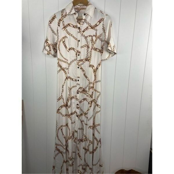 NWT Anthro Maeve Short Sleeve Printed Gold Chain Shirt Maxi Dress‎ - Picture 5 of 12